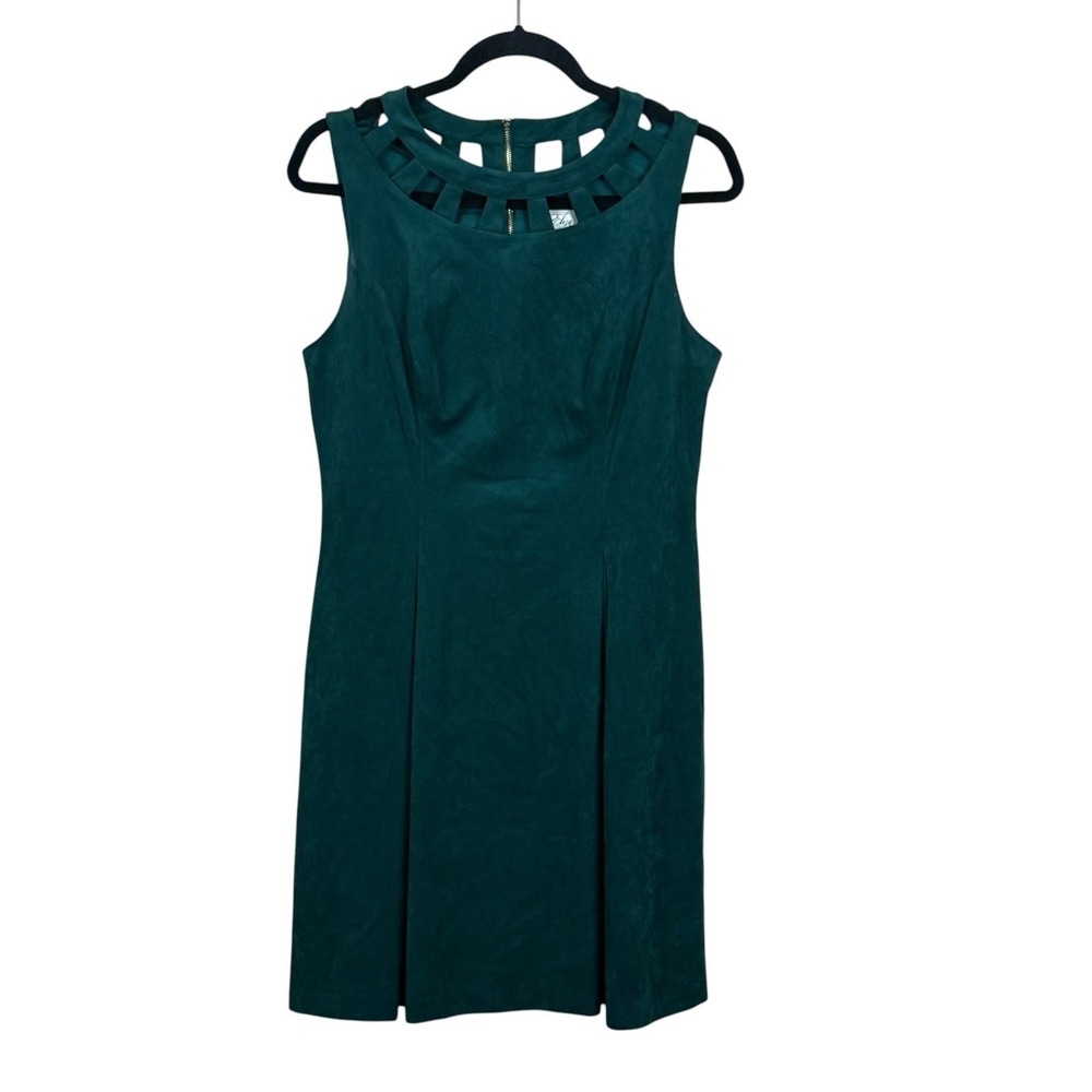 Eliza J Faux Suede A Line Dress Green Size 8 Lined High Neck Cut Out